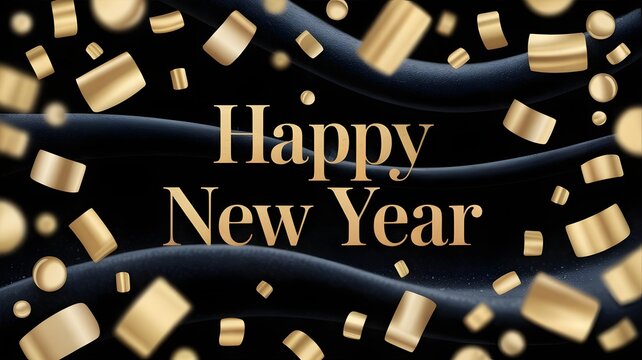 Happy new year greeting card with falling gold confetti on black background