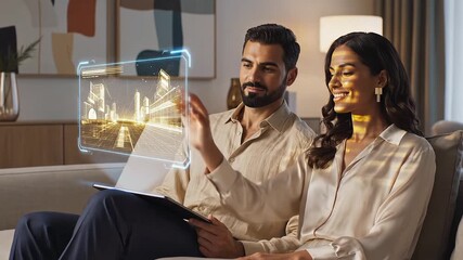 Couple Interacting with Futuristic Holographic Interface in Modern Living Room - Powered by Adobe