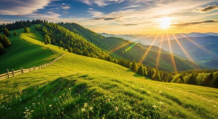 Vibrant green mountain pasture bathed in golden sunlight during a dramatic sunset, with rolling hills covered in dense forest stretching into the distant hazy horizon under a partly cloudy sky