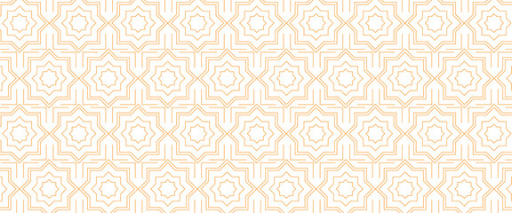 Seamless geometric pattern with green and orange line art forming star shapes on a clean white background. vector ilustrator.