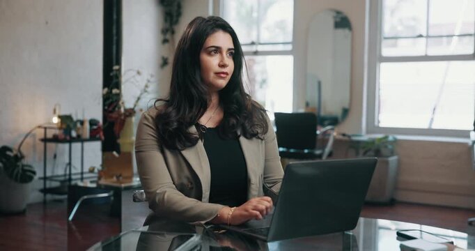 Woman, thinking or typing in small business with laptop, customer schedule or booking for hair salon. Person, thought or browse in hairdresser with computer, client administration and email reminder.