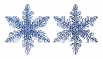 Two detailed, symmetrical snowflakes, light blue/gray,  crystal-clear, intricate patterns,  against white background