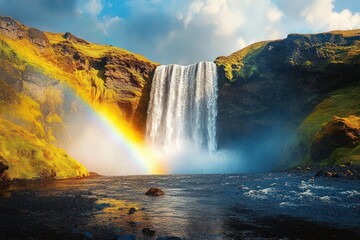 majestic waterfall cascading into a river with mist and a vibrant rainbow beside sunlit mossy cliffs under a blue sky, evoking awe and serene tranquility