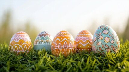 Fototapeta premium row of hand painted pastel eggs with floral and geometric patterns nestled in green grass and warm sunlight, cheerful springtime festive scene