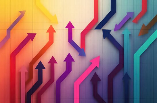 Colorful layered upward arrows and angular paths on a textured gradient background conveying dynamic growth and optimistic momentum