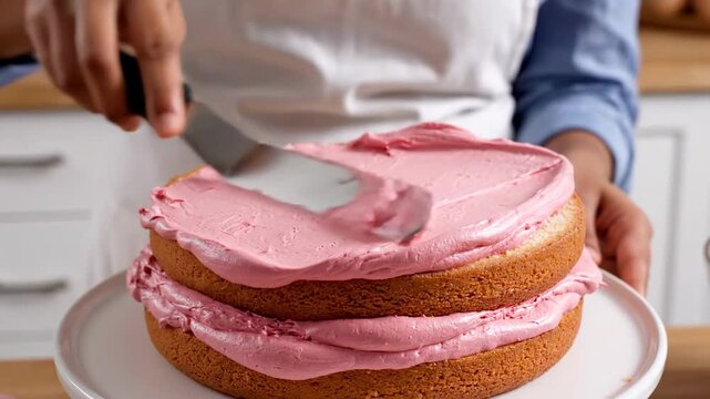 A person is frosting a two-layer cake with pink frosting on a white cake stand in a kitchen setting.