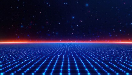 Glowing blue dotted grid stretching to a bright orange horizon beneath a star-filled cosmic sky, neon futuristic landscape evoking awe and wonder