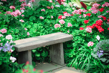 Wood bench in natural hydrangea flower garden background