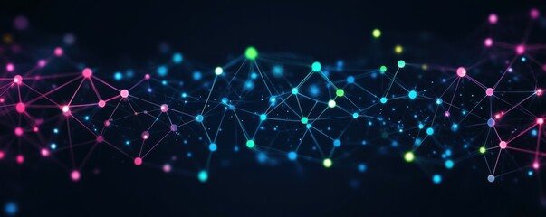 Glowing neon network of interconnected nodes and lines on a dark background conveying futuristic dynamic connectivity and digital energy