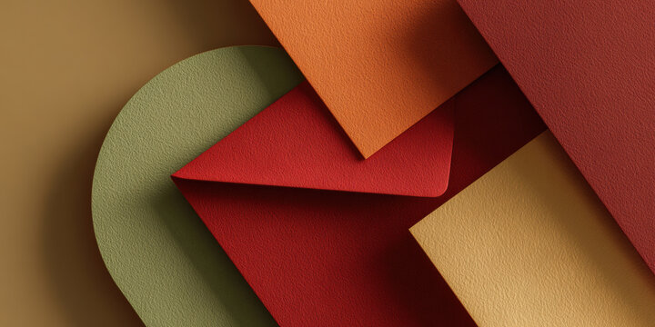 A sleek greeting card set against a backdrop of subtle, layered geometric shapes in autumn tones,   deep orange, maroon, olive green. Clean lines, contemporary design. with copy space.