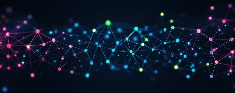 Glowing neon network of interconnected nodes and lines on a dark background conveying futuristic dynamic connectivity and digital energy