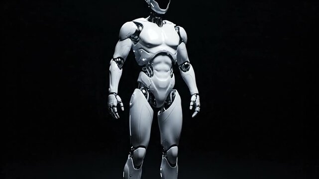 Futuristic humanoid robot standing in dark studio