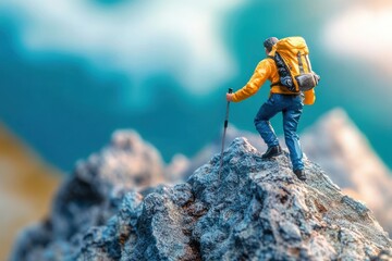determined hiker figurine in yellow jacket with backpack and trekking pole on rugged rocky summit facing a blurred turquoise mountain horizon, conveying adventure and triumph