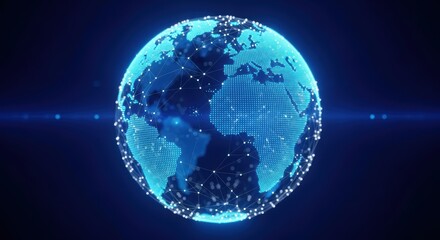 Global network connection and digital data transfer, abstract earth sphere with glowing nodes representing communication and technology