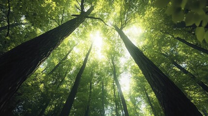 Upward view of towering tree trunks and vibrant green canopy with sunlight streaming through, a tranquil and awe-inspiring forest scene