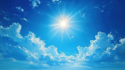 Bright sunburst over vivid blue sky with fluffy white clouds conveying warmth and peaceful uplift
