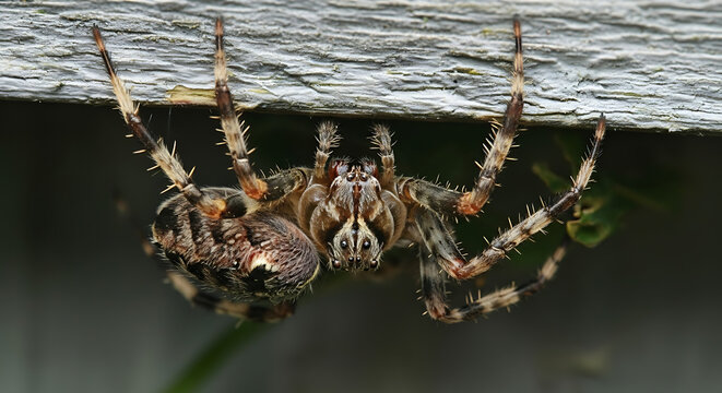 Close up view of a large brown spider hanging upside down from a wooden surface showing its hairy legs