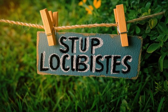 Handmade painted sign reading 'STUP LOCIBISTES' clipped to a twine clothesline with wooden clothespins above sunlit green grass, rustic warm outdoor scene