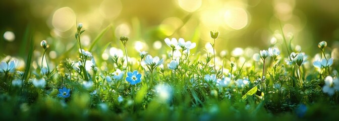 Low angle sunlit meadow of small white and blue wildflowers among green grass with dewy highlights and soft bokeh glow, creating a peaceful dreamy morning atmosphere