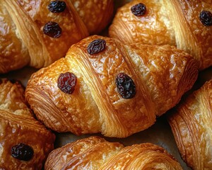Close-up of golden flaky croissants topped with glossy raisins, warm and inviting freshly baked buttery layered pastries evoking comfort and appetite
