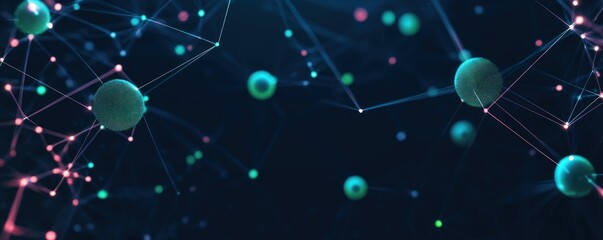 Teal and pink glowing spheres connected by fine lines and data nodes on a dark background, conveying futuristic mystery and digital connectivity