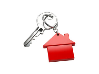 Shiny Silver House Key Attached To A Bright Red Glossy Residential Home Shape Keyring Representing New Property Ownership And Real Estate Investment Success Against A Transparent Background