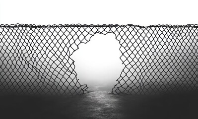 torn chain link fence with a jagged hole revealing bright light over a reflective path, stark monochrome scene evoking escape, breakthrough and cautious hope