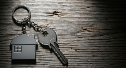 Close-up of a house key and keychain resting on weathered wood, symbolizing homeownership, real estate, and property