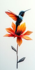 Naklejka premium geometric hummingbird hovering above a vibrant orange flower on a slender stem with leaves, minimalist white background, graceful and serene