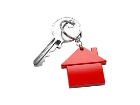 Shiny Silver House Key Attached To A Bright Red Glossy Residential Home Shape Keyring Representing New Property Ownership And Real Estate Investment Success Against A Transparent Background