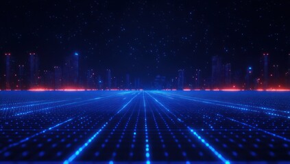 glowing neon blue grid receding toward a distant futuristic city skyline under a starry night with red horizon lights and a mysterious, awe-filled atmosphere