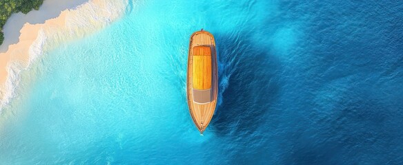 aerial view of a wooden boat gliding over turquoise to deep blue water beside a sandy tropical beach and green shoreline, evoking serene peaceful solitude