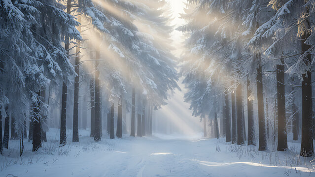 aerial view of serene winter forest with fog and hoarfrost, Winter Aerial Forest Landscape, Mystical Winter Forest Landscape (Aerial View) - Powered by Adobe