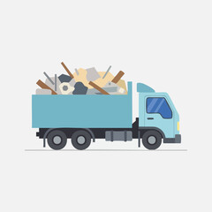 A blue garbage truck, filled with construction debris, is depicted against a neutral background, showcasing waste management.