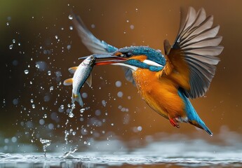 vibrant blue and orange kingfisher in midair with spread wings triumphantly catching a silver fish above splashing water droplets, a focused dynamic hunting moment