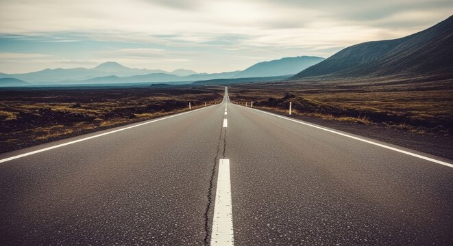 A vast, open highway stretches towards the horizon, its asphalt surface marked by a white dashed line, embodying the spirit of travel and endless possibility