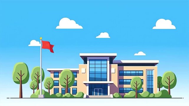 Modern School Building Exterior with Flagpole and Trees on a Sunny Day.