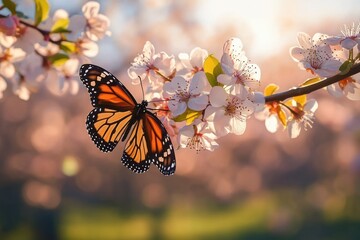 orange and black butterfly perched on delicate pink and white blossoms in warm golden light, serene spring scene