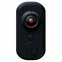 Obraz premium glossy black vertical security device with prominent circular camera lens and red indicator, two round buttons including a bottom button with exclamation alert symbol, sleek and alert