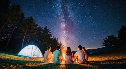 A joyful group of friends gathered around a warm bonfire under the night sky, marveling at the cosmic beauty of the Milky Way during a camping adventure