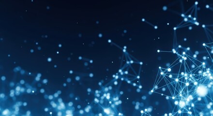Abstract digital network of glowing interconnected points and lines on a deep navy blue background, symbolizing technology and data flow