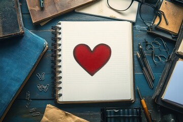 spiral notebook with a red heart on lined page surrounded by journals, glasses, pens, paper clips and envelopes on a blue wooden table, warm nostalgic creative mood