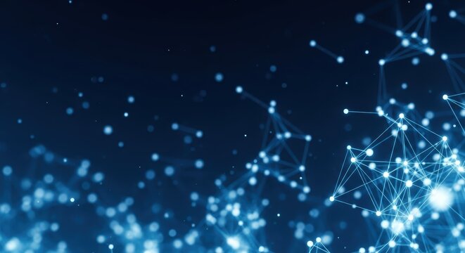 Abstract digital network of glowing interconnected points and lines on a deep navy blue background, symbolizing technology and data flow