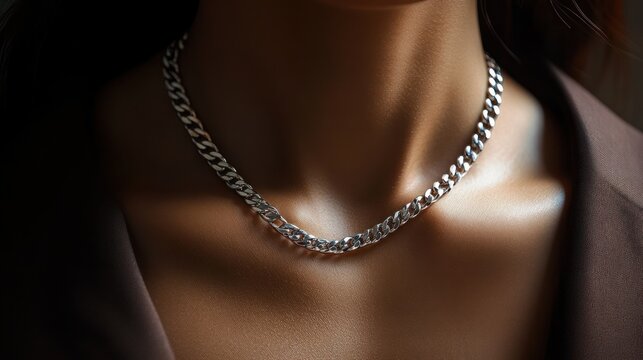 Close-up of a sunlit neck and collarbone wearing a polished silver curb chain necklace, warm glowing skin and an elegant, sensual mood