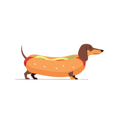 Cute Hotdog Puppy Dog Vector Flat Design Illustration Isolated on White Background