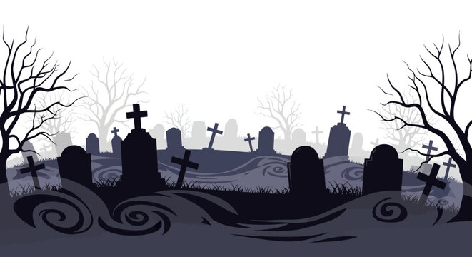 Eerie graveyard scene with spooky trees and fog for Halloween designs, inviting a chilling atmosphere for themed events and creative projects with a ghostly vibe