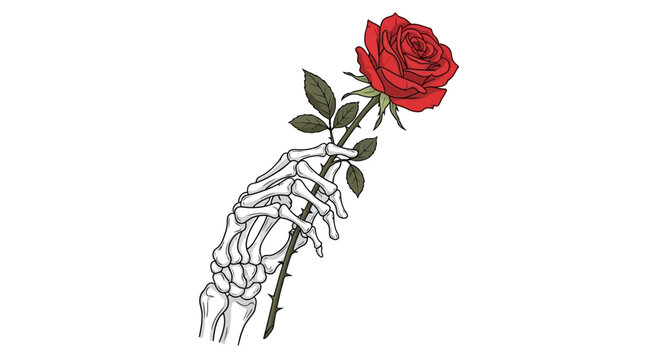 Striking skeleton hand delicately holding vibrant red rose for timeless love or gothic romance themes, perfect for edgy designs or meaningful symbolism