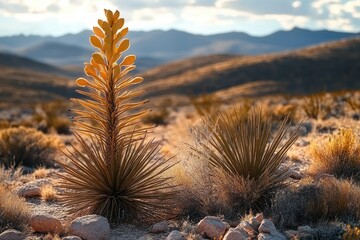 Sunlit spiky desert plants with a tall flowering stalk among rocks and dry shrubs, warm tranquil late afternoon landscape with distant rolling hills
