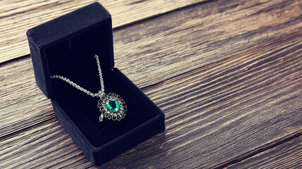 bezel. An heirloom emerald necklace and a family crest ring in an open velvet box. lifestyle magazines, social media lookbooks, designed for lifestyle magazines and social media content.
