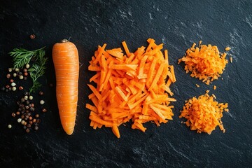 Fresh whole carrot with greens, piles of julienned and grated carrot and mixed peppercorns on dark slate board, bright vibrant and neatly arranged cooking prep